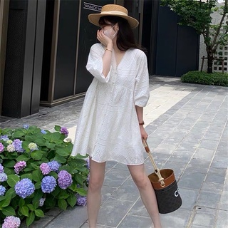 (💥พร้อมส่ง)⛅️ Eyelet dress เดรสผ้าฉลุสีขาวน่ารัก