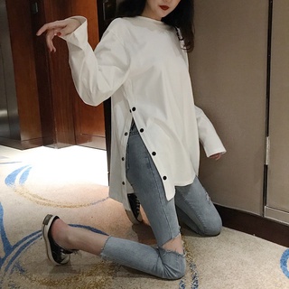 เสื้อเบลาส์ลําลอง แขนยาว คอกลม ผ่าข้าง สีพื้น สําหรับผู้หญิง
