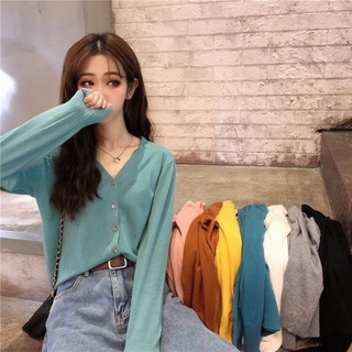 Loose Korean Style Cardigan Blazer Clothes Spring Tops Sweater V Neck Button-down 2021 Long Sleeve Plus Size Cardigans Womens Cute Knitted Oversize Pull Over Coat Clothing Plain For Women Casual Knit Trendy Autumn Vintage Cropped Fashion Winter Sweater J