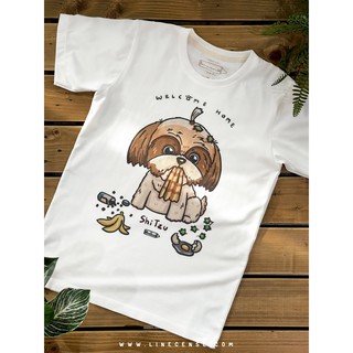 เสื้อยืดผ้าฝ้ายพิมพ์ลายขายดีShih Tzu " welcome home " t-shirt เสื้อยืด ลายหมาชิสุห์