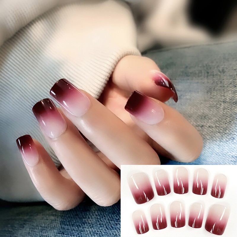 【purpleredto】24pcs Artificial Gradient Color Sharp Nail Art Full Cover