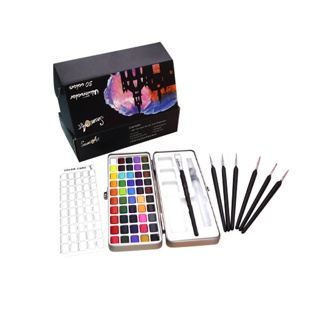 SeamiArt ชุดสีน้ำ แบบเนื้อแข็ง 50 สี พร้อมพู่กันระบายสีน้ำ 6 ชิ้น เหมาะสำหรับเป็นของขวัญ