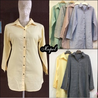 เสื้อผ้าคนอ้วน เชิ้ตหน้าสั้น หลังยาง แขนยาว แต่งกระดุมหน้า ผ้าไม่ยืด  Size 40-46