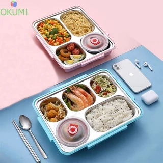 OKUMI_SHOP กล่องใส่อาหารสแตนเลส เกรด 304 พร้อมช้อนถ้วยเเละตะเกียบ กล่องข้าว 4ช่องเเละ 5ช่อง