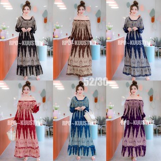 #52/30 Maxi dress bigsize แมกซี่เดรสลายหางนกยูงใส่ได้สองแบบ แขนยาวคอปาดใส่ยางดึงสม้อคใส่ได้สองแบบ