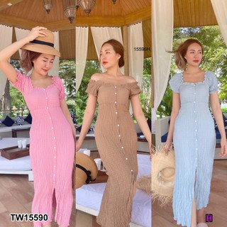 แม็กซี่เดรสยาวกระดุมหน้าแขนสั้น TT15590 Long sleeve maxi dress with button front