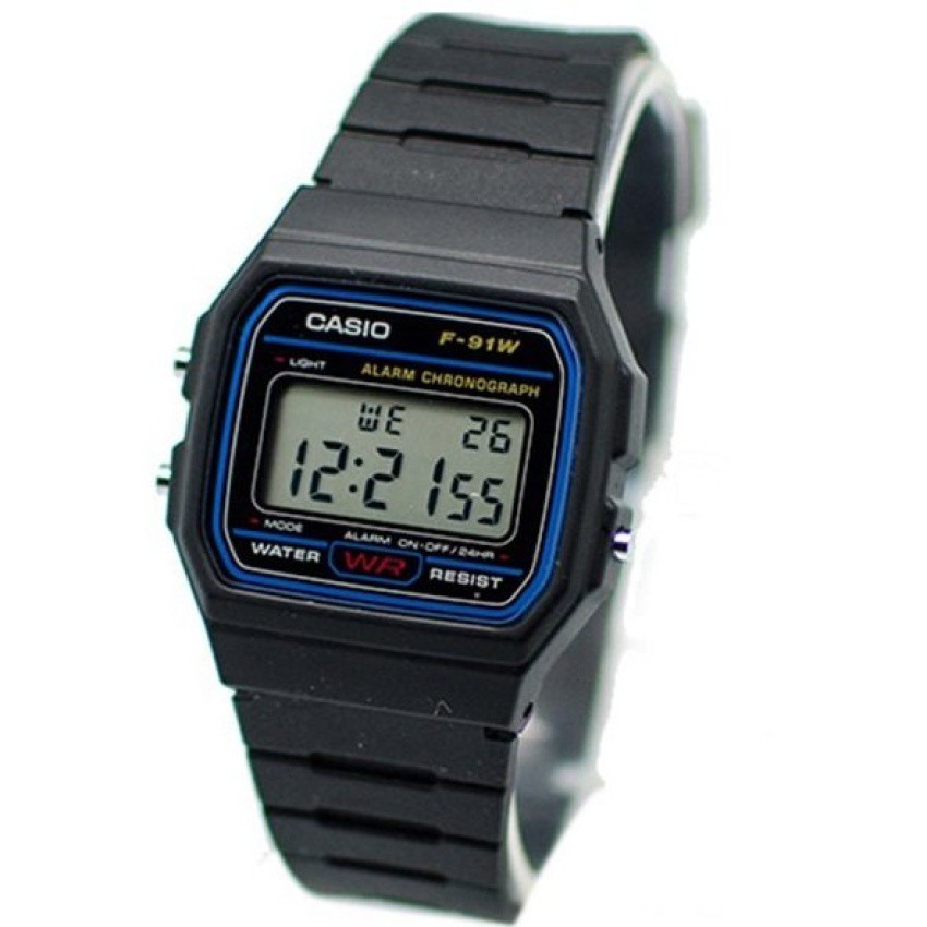 CASIO นาฬิกาข้อมือสายยาง รุ่นยอดนิยม ขอบสีน้ำเงิน Digital F-91W-1DG