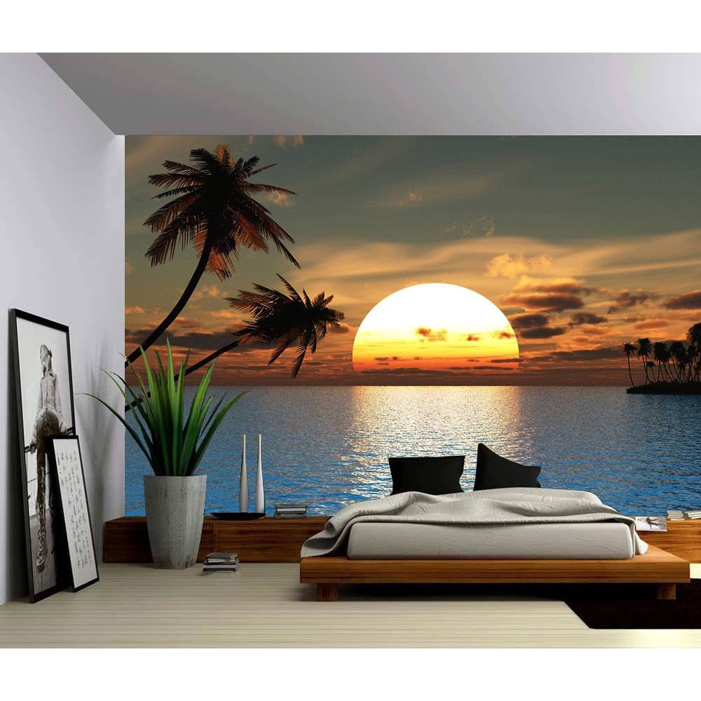 Custom 3D วอลล์เปเปอร์ Tropical Sunset Ocean Palm Tree ภาพจิตรกรรมฝาผนังผนัง, ที่ถอดออกได้ตกแต่ง Self-กาว PVC สติ๊กเกอร์ติดผนัง