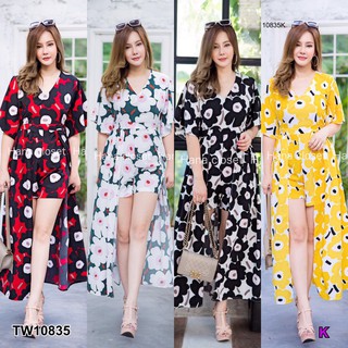 Jumpsuit #สาวอวบ จั๊มสูทคอวี แขนบาน เอวสม็อกหลัง กระโปรงผ่าหน้า **สอบถามก่อนสั่งซื้อ**