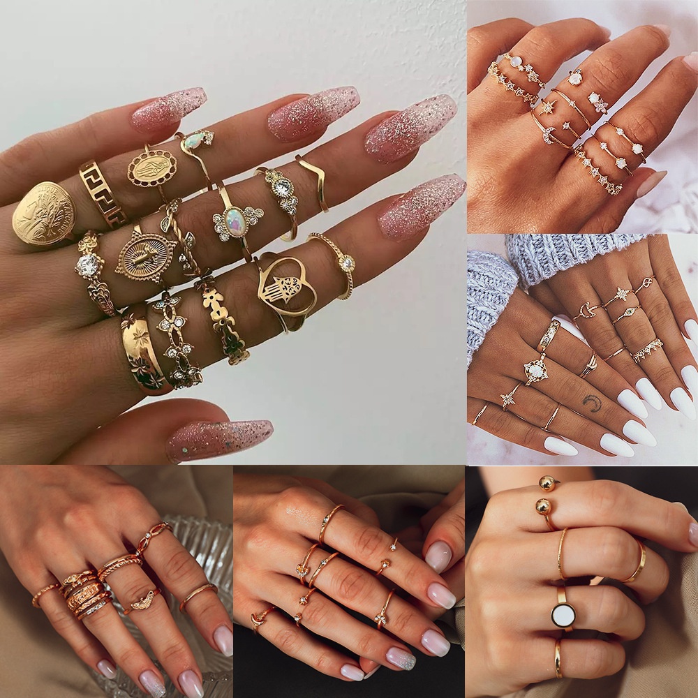 แหวนเพชรผู้หญิงหรูหราเบา ชุดแหวนโลหะผสมกลวงแฟชั่นย้อนยุค เครื่องประดับปาร์ตี้สตรีหลายองค์ประกอบคุณภาพสูง