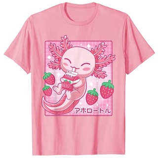 เสื้อยืด พิมพ์ลายการ์ตูนอนิเมะ Kawaii Axolotl Strawberry Milk Shake แฟชั่นญี่ปุ่นSize S-5XL