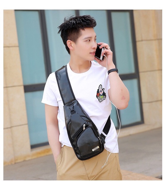 ฟรี!!สายชาร์ตUSB กระเป๋าสะพายหนังผู้ชาย Compact leather bag F063 #2