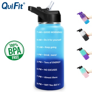 QuiFit 1L/32OZ Vacuum Water Bottles With Straw Stainless Steel Motivational Time Marker Leak Proof Reusable Travel Thermos