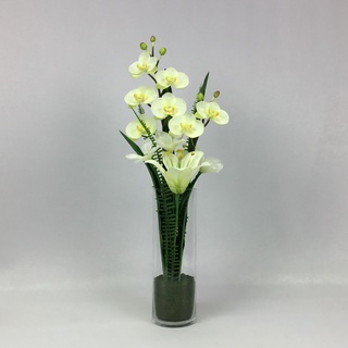 OrientalFineArt ดอกไม้แต่งบ้าน artificial mixed flower  จัดในแจกันแก้วทรงกระบอกสูง