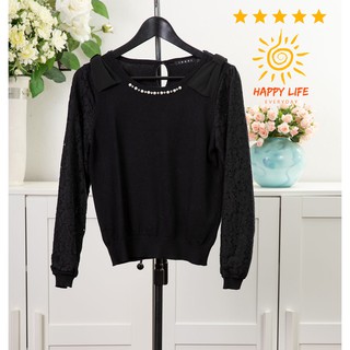 INGNI เสื้อแฟชั่น แขนยาวคอด้านหน้าแต่งมุกและเพชร ไหล่โบว์ แขนเป็นลูกไม้ น่ารักมาก สินค้าสภาพดี สไลด์รูปดูขนาดสินค้าได้