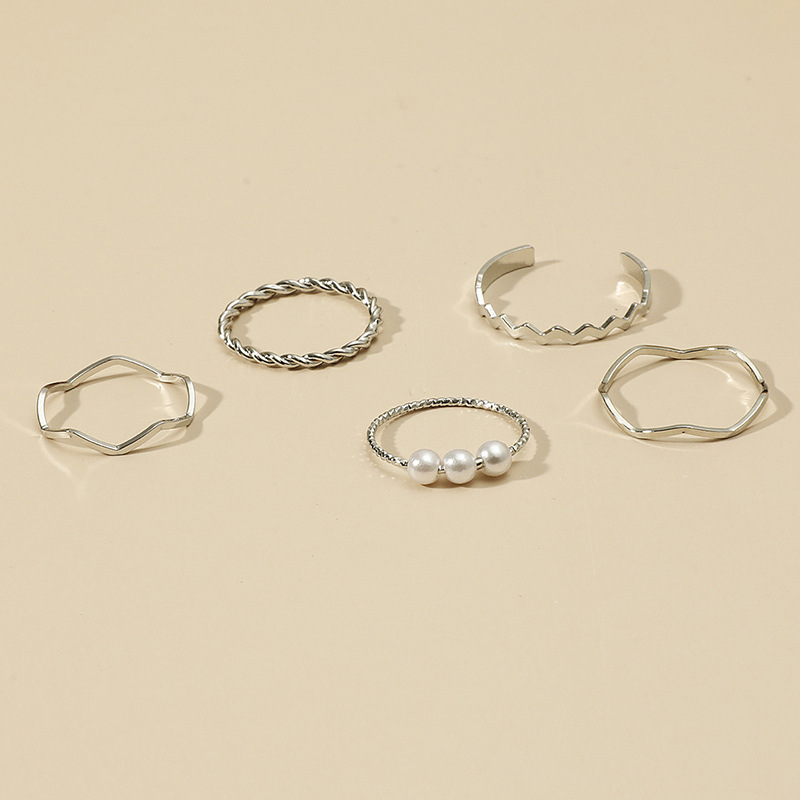 (MHANG) 5PCS/แหวนโลหะผสม สีเงิน ประดับไข่มุก แฟชั่น สําหรับผู้หญิง - รูปที่ 2