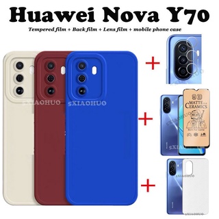 4 in 1 Huawei Nova Y70 Y70 Plus Y90 เคสโทรศัพท์ ซิลิโคนนิ่ม สีแคนดี้ Huawei Nova 9SE เคสโทรศัพท์ + ฟิล์มเซรามิคหน้าจอ + ฟิล์มเลนส์ + ฟิล์มด้านหลัง