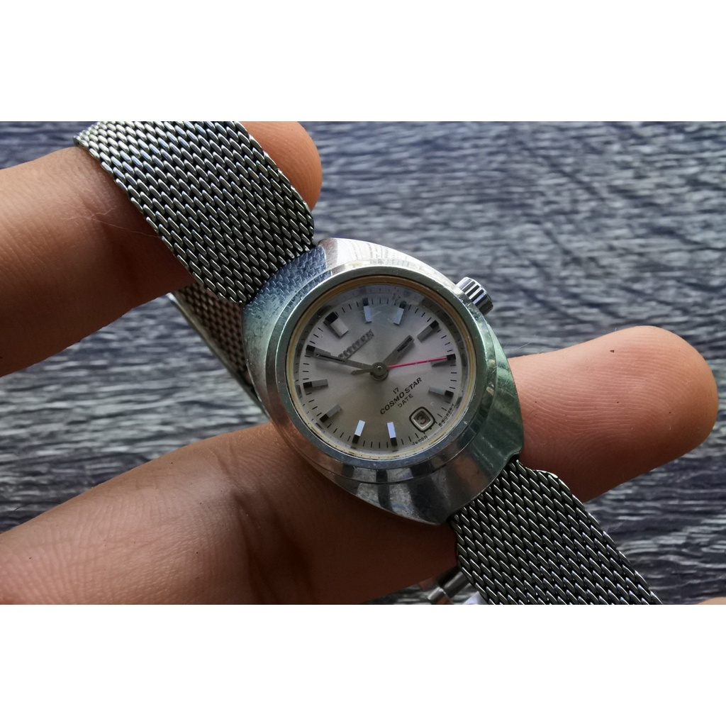 นาฬิกา Vintage มือสองญี่ปุ่น Citizen Cosmo Star Date  Automatic ผู้หญิง ทรงกลม กรอบเงิน หน้าเงิน สายสแตนเลสถัก ใช้งานได้