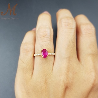 Meena Gems แหวนพลอยแท้ทับทิม ดีไซน์รูปไข่ตัวเรือนประดับเพชรเซียม่อน ตัวเรือนเงินแท้ ค่าจัดส่งฟรี!!