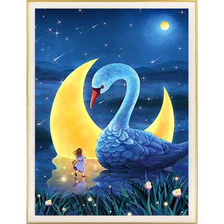 ชุดปักครอสติชพิมพ์ลาย พระจันทร์ ทะเลสาบ หงส์ การ์ตูน วิว (Moon lake swan Cross stitch kit)