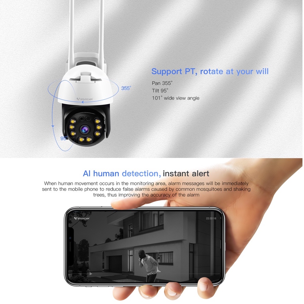 Vstarcam CS64 ความละเอียด 3.0 MP (1296P) กล้องวงจรปิดไร้สาย ภาพสี มีAI+ คนตรวจจับสัญญาณเตือน Outdoor IP Camera