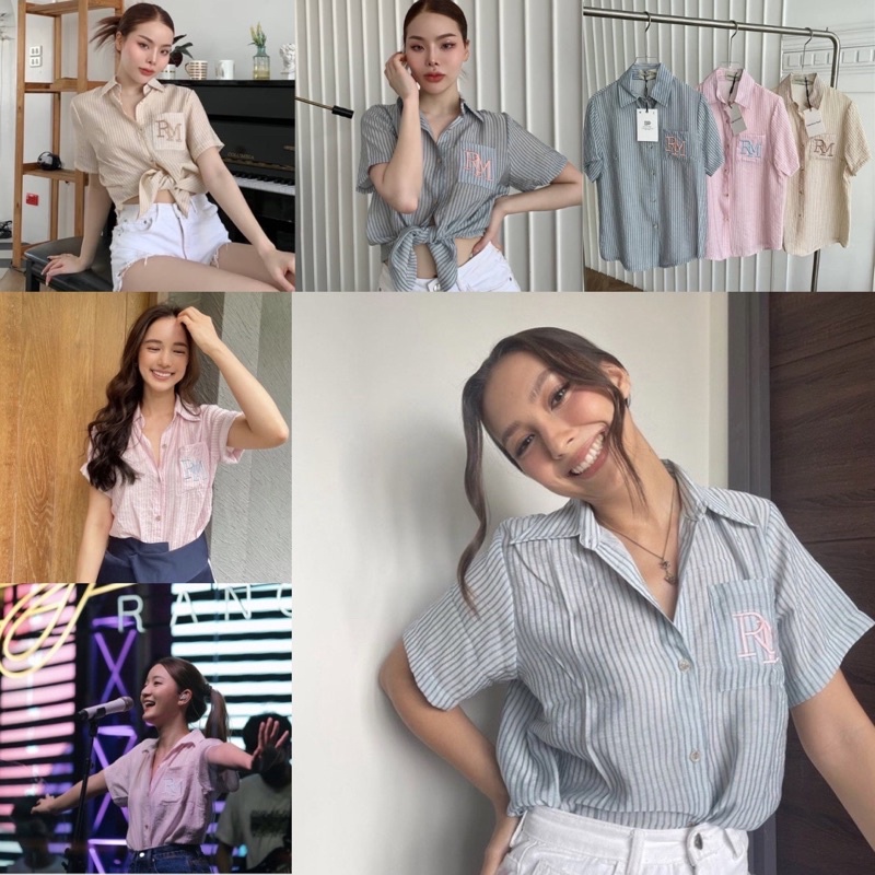 💫พร้อมส่ง💫RM Shirt • เสื้อเชิ้ตคอปกแขนสั้น VALEN เสื้อเชิ้ตปัก RM  ผ้าลายริ้ว ผ้าสปันเนื้อนิ่ม โทนสี