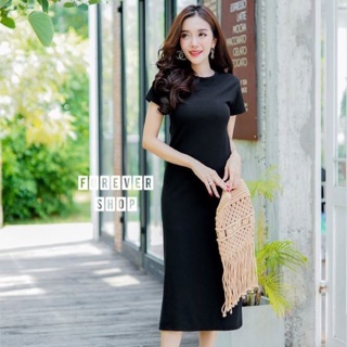 เดรสคอกลมแขนสั้น ผ้าริปร่องเล็กไหมพรม เนื้อนิ่มหนายืด ฮิตฮอตแพทเทิร์นสวยดูดี