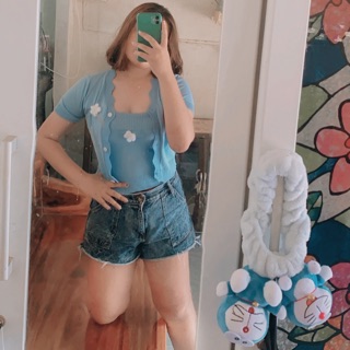 ไหมพรมเซตแขนสั้นสาวอวบแต่งดอกไม้