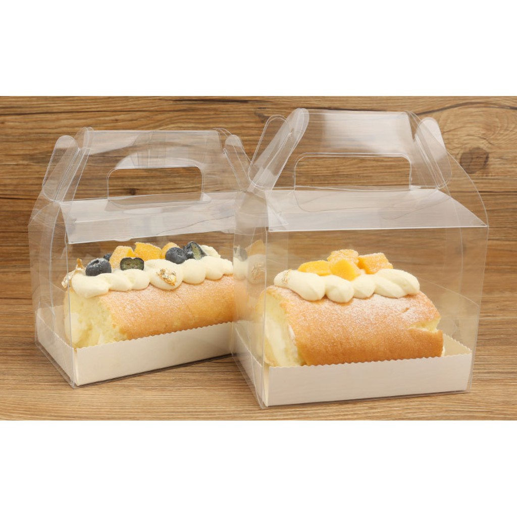 (Medium Size) Transparent Long Cake Box with Handle Swiss Roll Cake Box