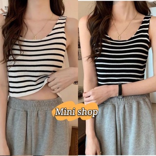 Mini shop 🌸พร้อมส่ง🌸เสื้อกล้ามครอปสั้นลายทางไหมพรมเก๋ไก๋ (4989)