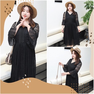 PMSWEET PLUSSIZE : PM4200 : พร้อมส่ง เสื้อผ้าไซส์ใหญ่ คนอ้วน สาวอวบ ชุดเดรสลูกไม้สีดำ คอวี ช่วงกระโปรงอัดพลีท