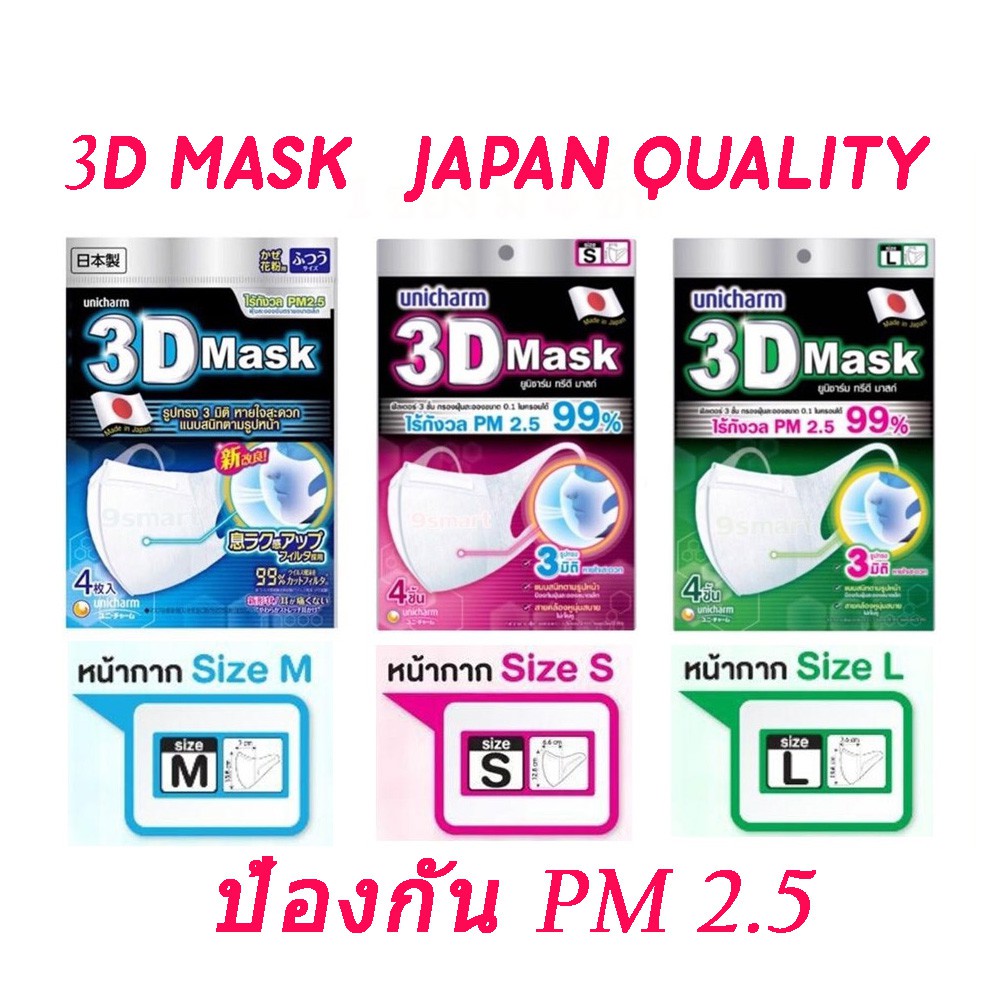 หน้ากากอนามัย 3D MASK ป้องกันฝุ่น PM 2.5 ขนาด S M L (ซอง 4 ชิ้น)