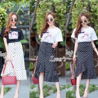 Fashion Set เสื้อยืดแขนสั้น สกรีนลายเด็กน้อยแต่งโบว์ ใส่คู่กระโปรงลายจุด