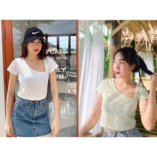 🌈ครอปแขนสั้น คอเฉียงผ้านุ่มใส่สบาย✅พร้อมส่ง
