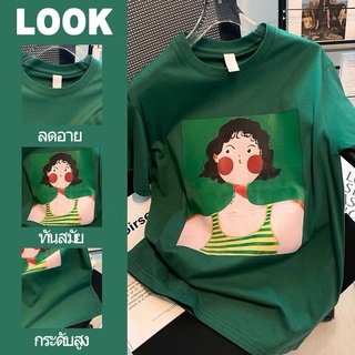 mimi&amp;didi  2348 เสื้อยืด สีเขียว ลายสไตล์วินเทจ เสื้อยืดคอกลม เสื้อยืดแขนสั้น