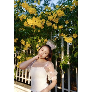Flora Top🌸🌼🌷เสื้อสม็อคแขนตุ๊กตา ตัวแขนผ้าตาข่ายลายดอกไม้น่ารักสไตล์สาวเกาหลี บอกเลยว่าน่ารักมว๊ากกกก