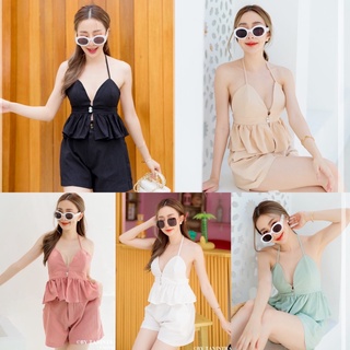 Teera❤️พร้อมส่ง✨𝐌𝐢𝐮 𝐌𝐢𝐮 𝐒𝐞𝐭🌸Set สายเดี่ยวชายระบายกระดุมเพชร+กางเกงขาสั้น ผ้าลินิน งานสวย ป้ายTanintra