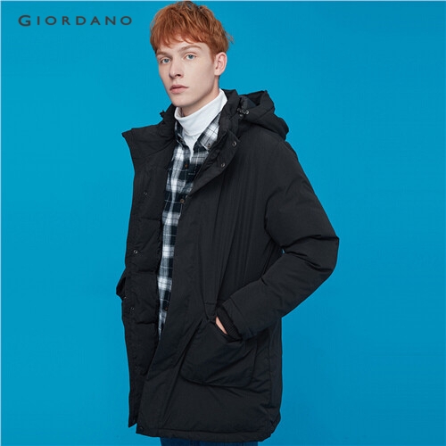 GIORDANO MEN Solid stand collar detachable mid-long hooded coat 01079675