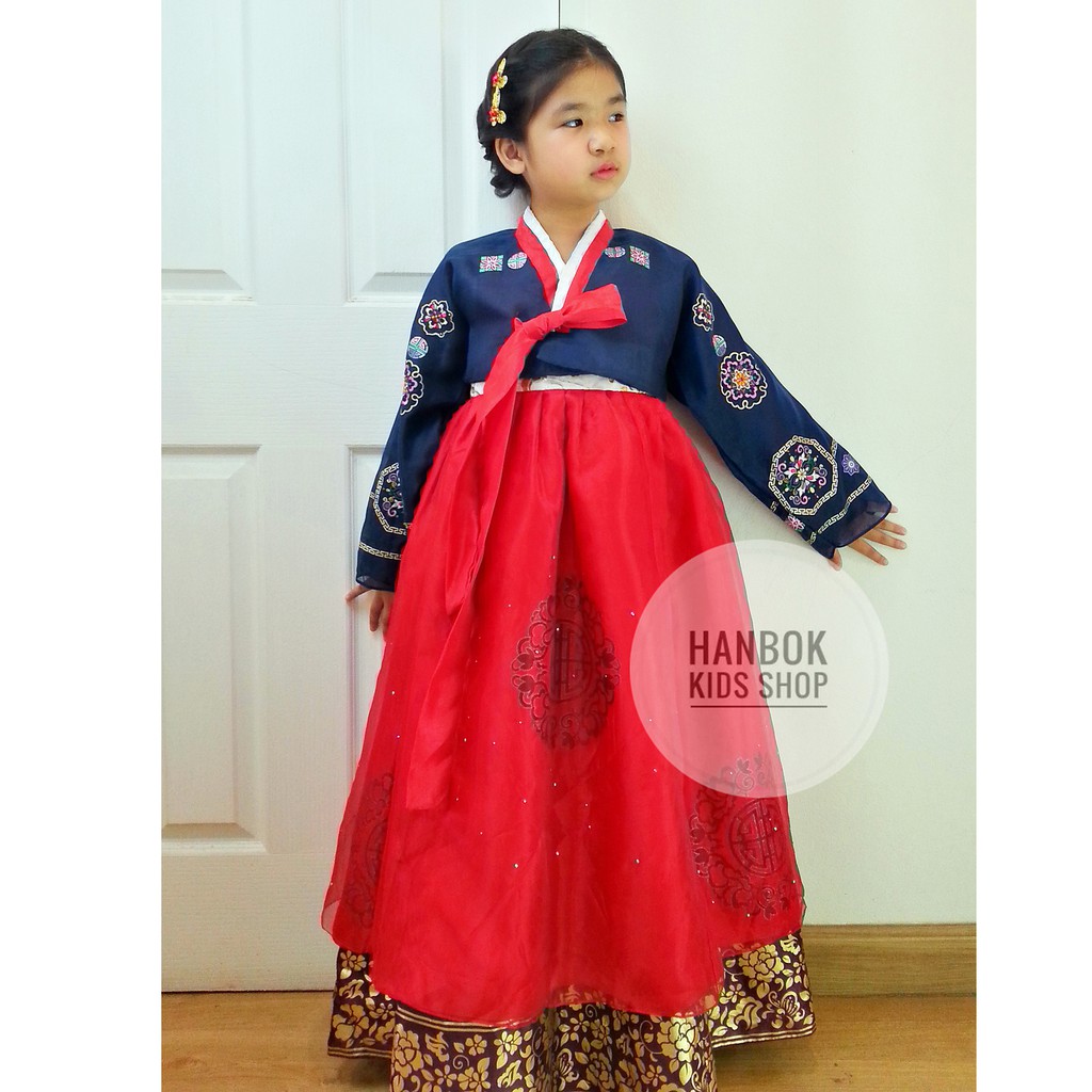 ชุดฮันบกเด็กหญิง Premium สีน้ำเงิน-แดง สำหรับเด็ก 9-10 ปี