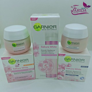 🔥ส่งฟรีJ&amp;T/Ems.จ้า🔥Set Garnier Sakura Whith (เดย์ครีมSPF21 50 มล.+ไนท์ครีม 50 มล.+เซรั่ม 50 มล.) ชุดเซตซากุระไวท์