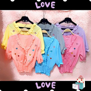 เสื้อแฟชั่น ลายหัวใจ แต่งระบาย แขนและเอวจั๊ม