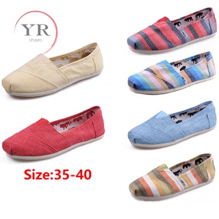 Toms รองเท้าลําลอง ผ้าลินิน ส้นแบน ลายทาง สําหรับผู้หญิง