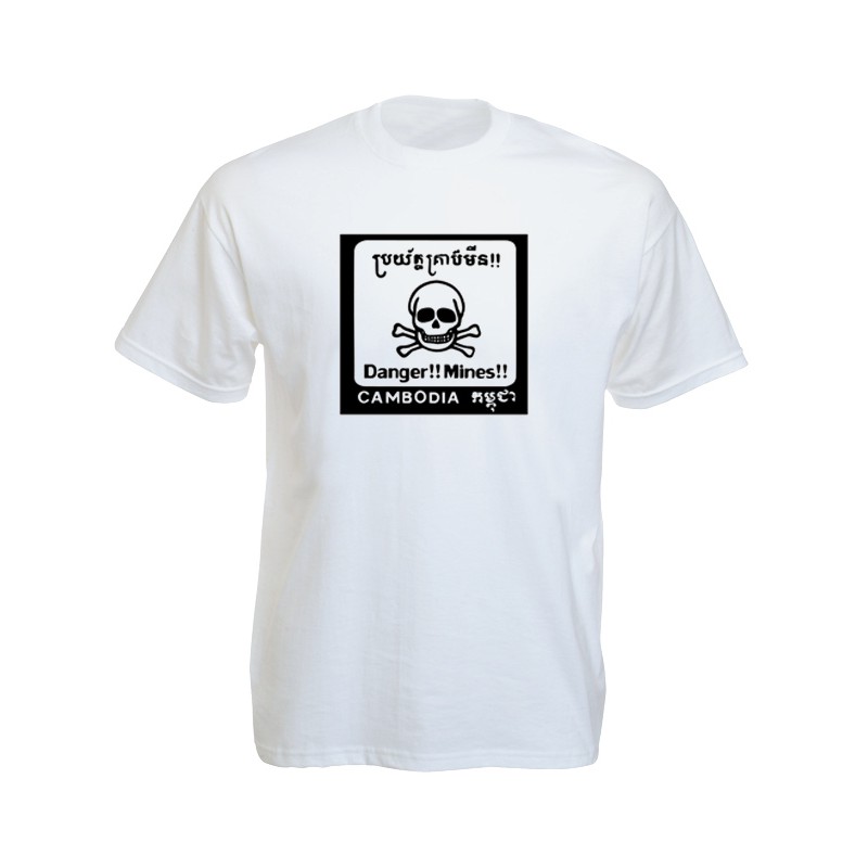 เสื้อยืดราสต้าTee-Shirt Cambodia Mines Danger เสื้อยืดสีขาว/สีดำ Cambodia Mines Danger White/Black T
