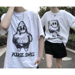 พร้อมส่ง👕 เสื้อยืดลายการ์ตูนสีขาว SpongeBob สไตล์เกาหลีสำหรับผู้ชายและผู้หญิง