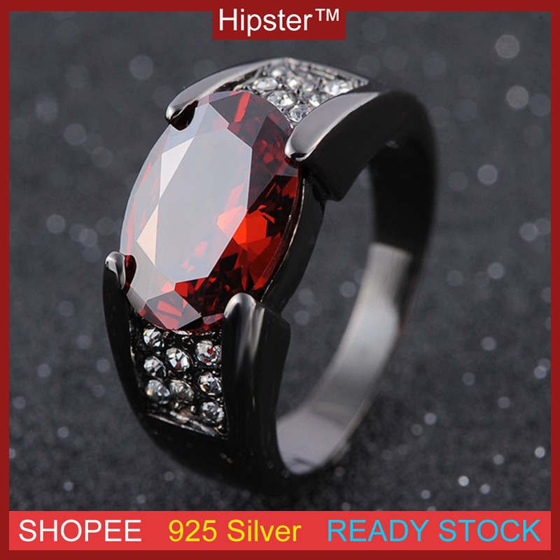 Hipster แหวนสีดําทองฝังแหวนทับทิมปาร์ตี้แหวนแต่งงาน