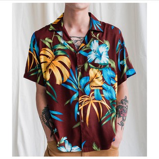 Mr.789 เสื้อเชิ้ตทรงฮาวายผู้ชาย ลายดอก Hawaii Floral สีน้ำตาล