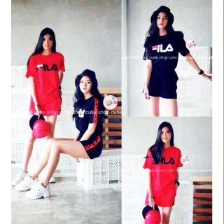 เซทเสื้อแขนสั้นกับกางเกงขาสั้น แต่งแทบ fila 2 สี แดง ดำ