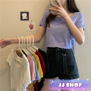 JJ Shop💜พร้อมส่ง เสื้อไหมพรมแขนสั้นสีพาสเทล​ ดีเทลเชือกรูดข้างสุดเก๋ "3487"