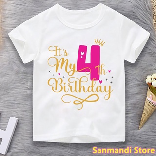 เสื้อยืด ItS My 4th Birthday Princess T-Shirt Girls Pink Love Tshirt Kawaii ChildrenS Clothing Summer Tops Tee Shirt