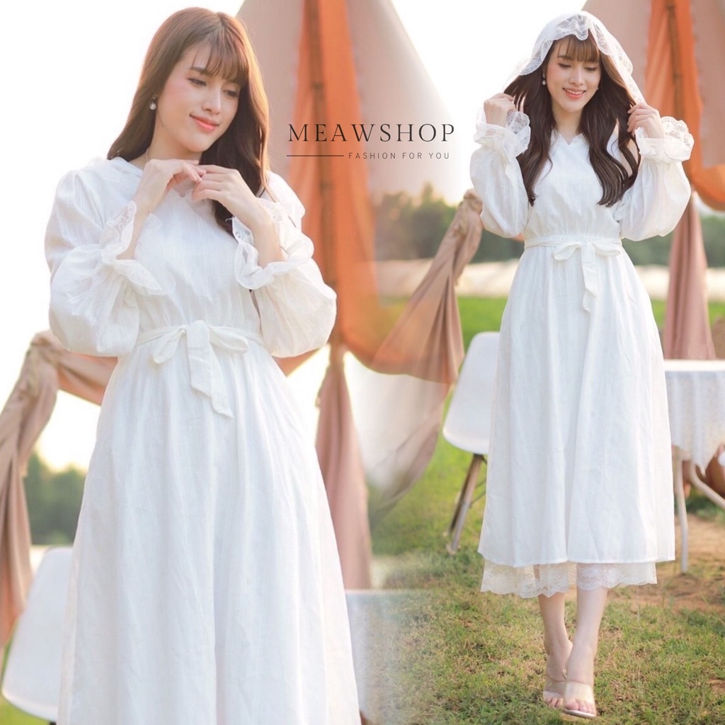 ชุดเดรส ลูกไม้ฉลุ M-2XL ชุดขาว ถ่ายรูปสวยๆ งานหมั้น แฟนนาค สาวอวบ อ้วน  D.N.Y